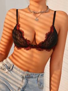 SHEIN Ren tương phản Tam giác Không vòng thép Đồ lót - màu đen - Xem 1