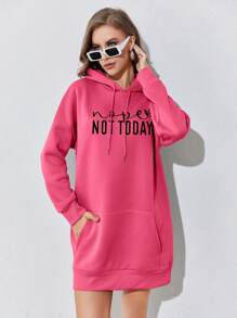 SHEIN EZwear 標語圖案袋鼠口袋落肩袖抽繩連帽洋裝 - 玫紅色 - 查看 4