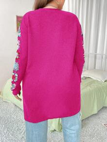 Flirla Plus Floral Embroidery Drop Shoulder Duster Cardigan - Hot Pink - View 2