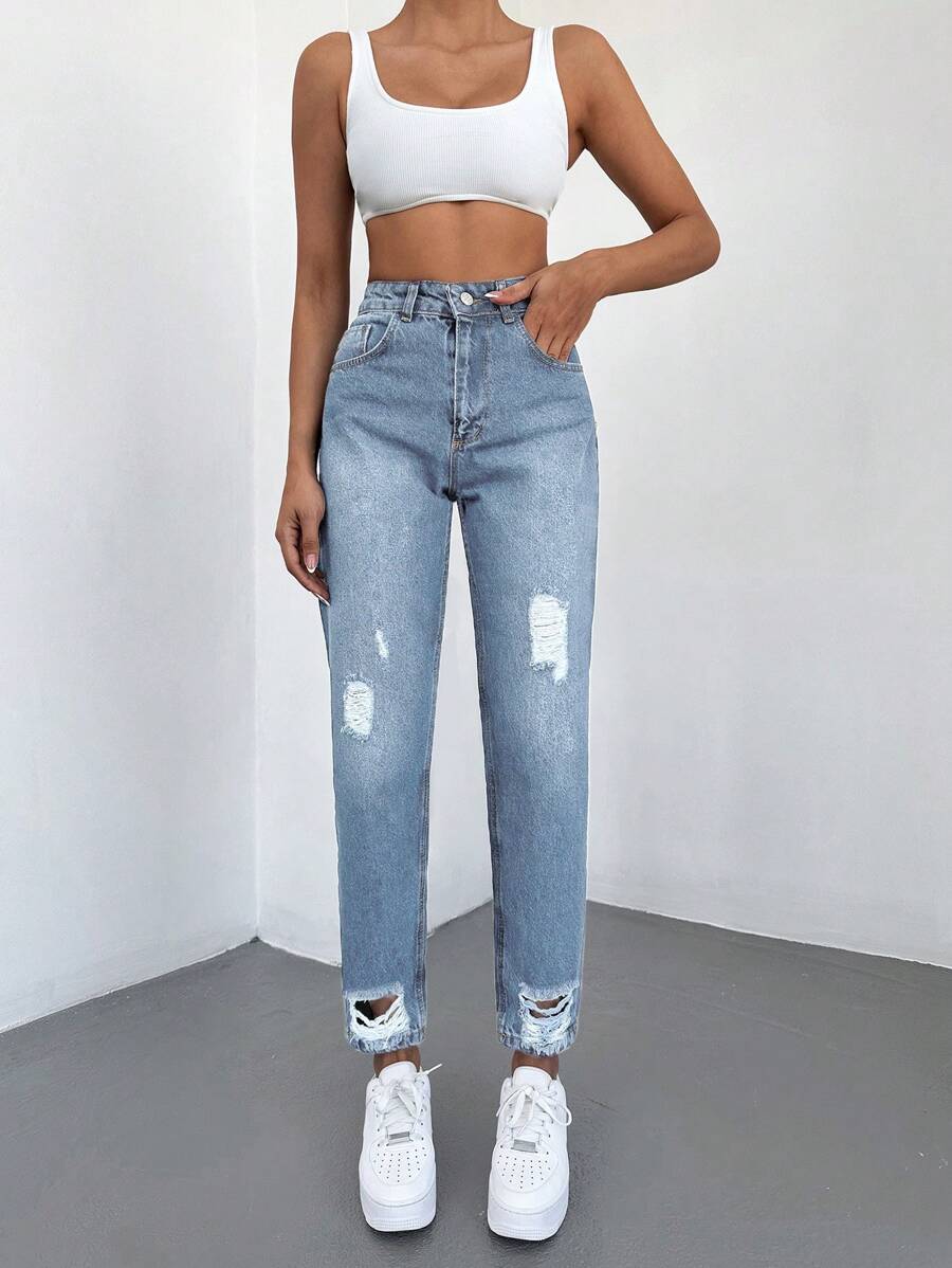 Cloudara Jeans de ajuste mom de talle alto desgarro bajo crudo - Azul - Ver 1