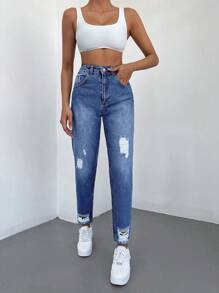 SHEIN Cottnline High Waist Ripped Mom Fit Jeans - Blue - View 5