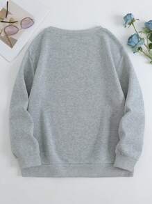 SHEIN EZwear 豹紋&字母圖案加絨內裏運動衫 - 灰色 - 查看 2