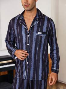 Nam Sọc & Chi tiết Patched thư Bộ PJ Áo & Quần - màu đen - Xem 6