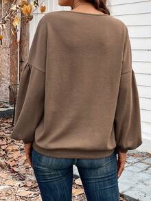 SHEIN LUNE Solid Lantern Sleeve Sweatshirt - Brown - View 2