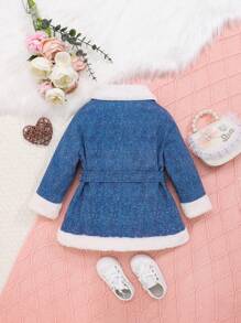SHEIN Infant Girls' Casual Thermal Lined Long Coat With Lapel Collar And Belt
