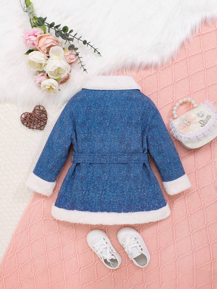 Baby Girls' Casual Thermal Lined Long Coat With Lapel Collar And Belt