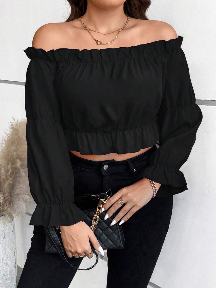 Plus Off Shoulder Flounce Sleeve Ruffle Trim Crop Blouse Peplum Top Fall Cloth For Women