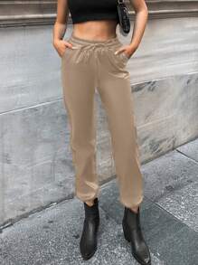 EURMUSE Solid Drawstring Waist Pants - Beige - View 3