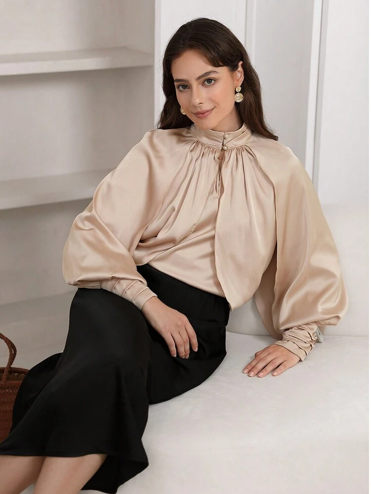 Mock Neck Lantern Sleeve Satin Blouse
