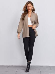 SHEIN BIZwear 落肩袖華夫格編織外套工作服 - 卡其色 - 查看 6