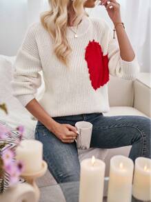 SHEIN Clasi 愛心圖案落肩袖套頭毛衣 - 紅白色 - 查看 1