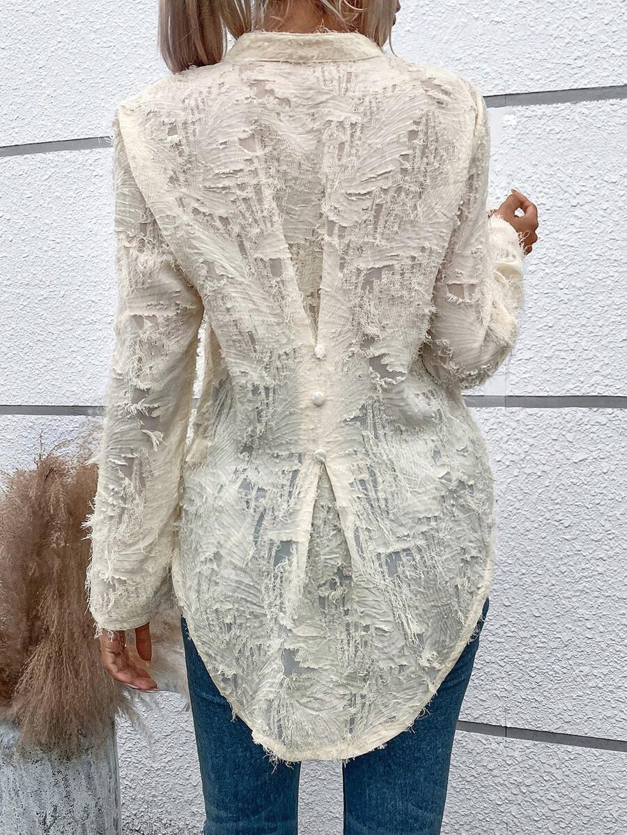 SHEIN LUNE Jacquard Floral Pattern High Low Hem Blouse - Apricot - View 1