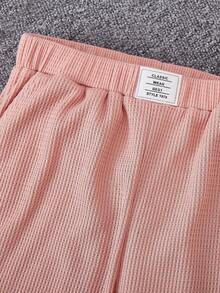 SHEIN Cô gái Tween Chi tiết Patched thư áo có mũ Áo thun & quần thể thao - Hồng - Xem 3