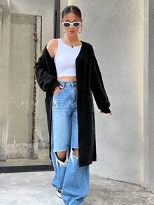 SHEIN Unity 纯色休闲百搭长袖开衫，秋冬 - 黑色 - 查看 6