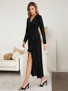 SHEIN Clasi Surplice Neck Draped Side Split Thigh Dress - Black - View 6
