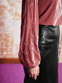 MOTF PREMIUM VELVET FLORAL EMBROIDERY BLOUSE - Red - View 3