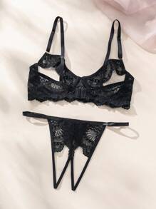 SHEIN 女士性感镂空蕾丝文胸和丁字裤套装内衣，坏蛋造型 - 黑色 - 查看 2