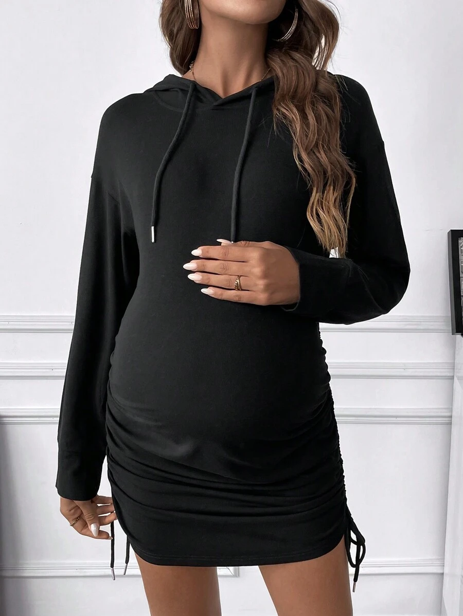 SHEIN 孕婦落肩袖側抽繩連帽緊身洋裝 - 黑色 - 查看 1