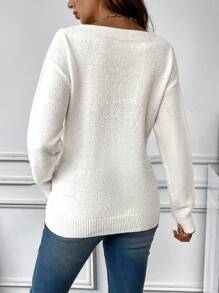 SHEIN Maternity Chevron Pattern Drop Shoulder Sweater, For Winter - White - View 2