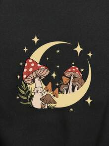 SHEIN Essnce Women's Hooded Sweatshirt With Moon & Mushroom Printed And Drawstring - Black - View 3