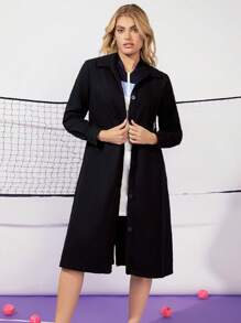 SHEIN EZwear Women Coats Kantong Tombol Depan Plain Casual - Hitam - View 3