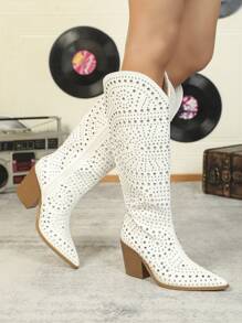 Styleloop Women's Fashionable Party Style White Mid-Calf Boots With Rivets Decoration Cowboy Boots