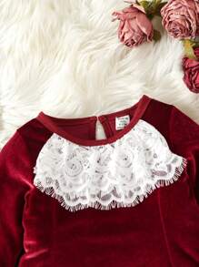 Baby Girl Contrast Lace Ruffle Hem Velvet Dress - Burgundy - View 4