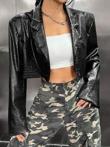 SHEIN EZwear Crocodile Embossed Crop PU Leather Blazer - Black - View 1