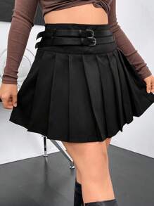 Flirla Hơn Khóa thắt lưng Chân Váy xếp ly - màu đen - Xem 5