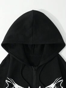 SHEIN EZwear 蝴蝶圖案拉鏈開襟抽繩加絨內裏連帽衫 - 黑色 - 查看 5