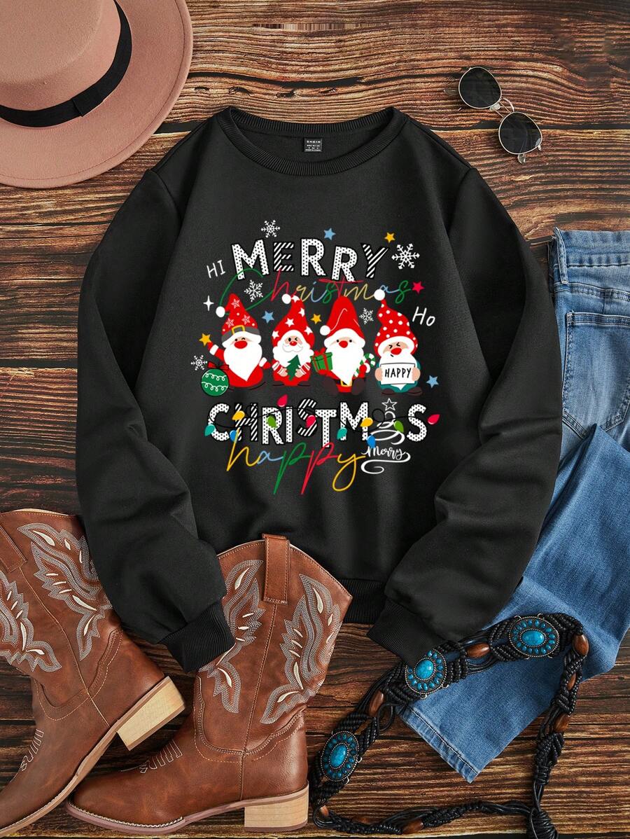 SHEIN LUNE In Giáng sinh Lót nhiệt Áo nỉ - màu đen - Xem 1