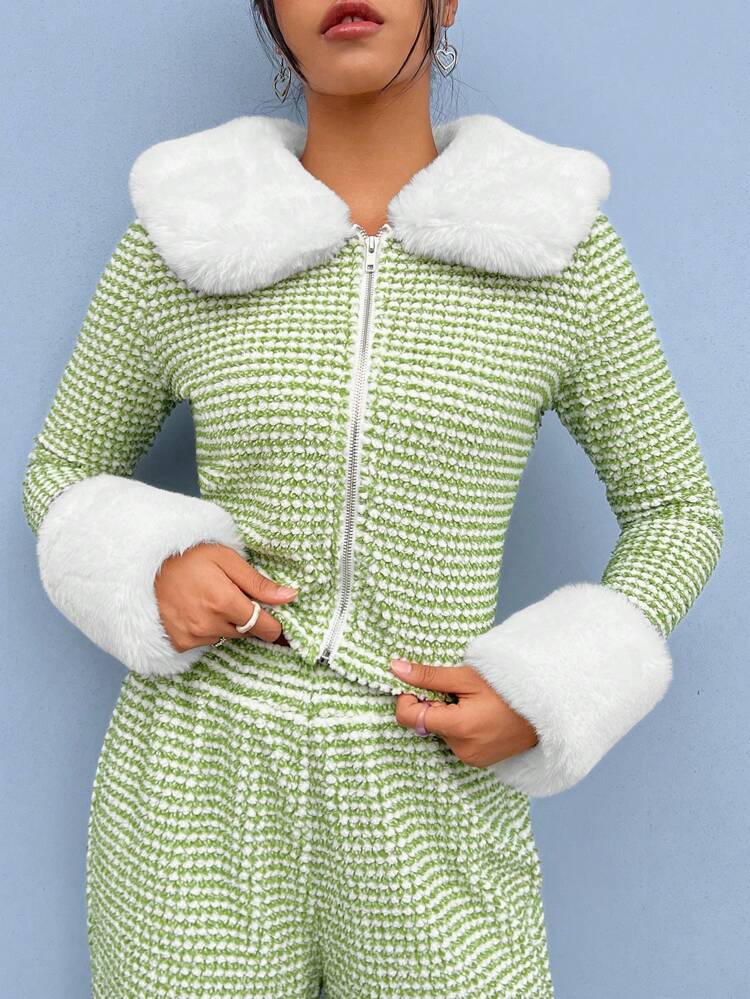 Borg Collar Fuzzy Cuff Zip Up Jacket & Pants