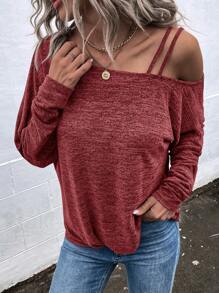 SHEIN LUNE Solid Asymmetrical Neck Batwing Sleeve Tee - Redwood - View 6