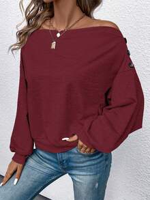 SHEIN LUNE Off Shoulder Button Detail Sweatshirt - Burgundy - View 3