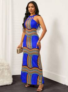 SHEIN Lady Vestido de cuello halter con estampado geométrico - Multicolor - Ver 1