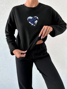 Slogan and Wave Print Drop Shoulder Tee & Pants - Black - View 3