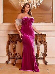 SHEIN Belle 魚骨結構,鋼骨,珠鏈流蘇,豪華性感大尺碼晚禮服（重工業風格） - 玫紅色 - 查看 3