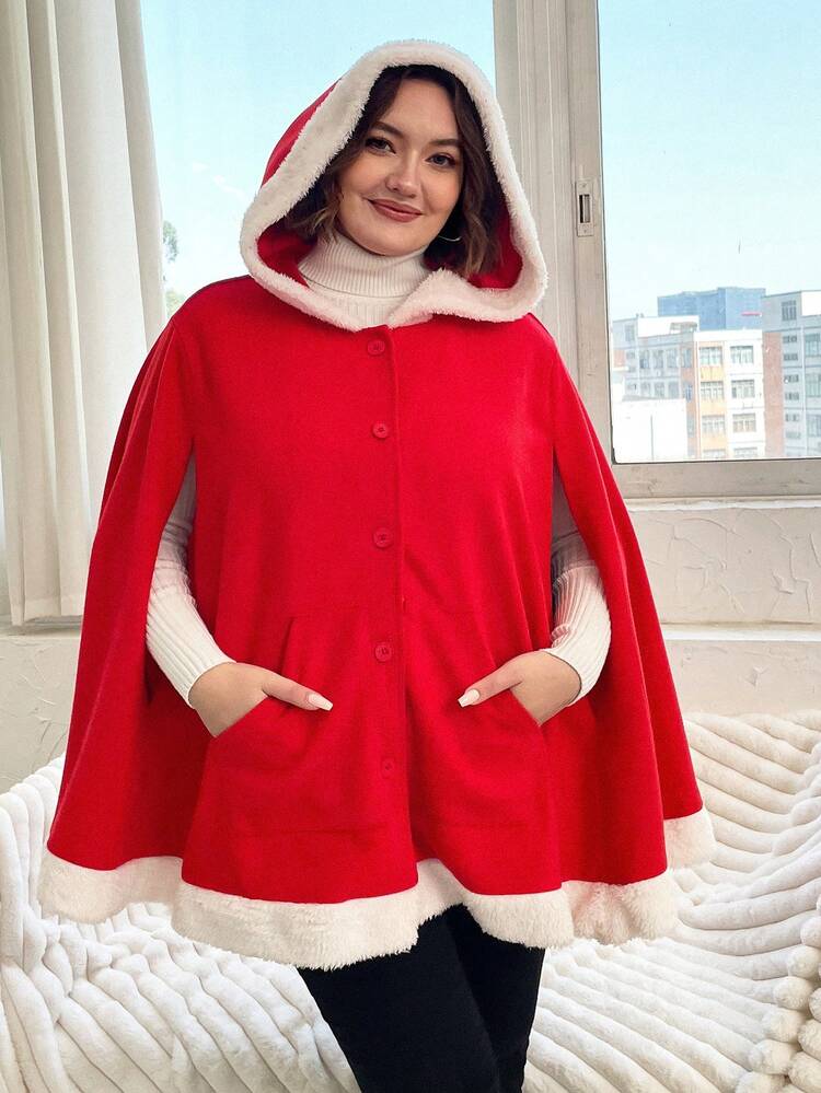 Plus Cloak Sleeve Fuzzy Trim Hooded Cape Overcoat Fall Cloth For Women