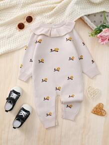 Baby Girl Floral Pattern Ruffle Trim Knit Jumpsuit - Multicolor - View 2