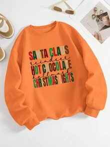 SHEIN EZwear Christmas Slogan Graphic Drop Shoulder Sweatshirt - Orange - View 2
