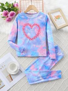 Cô gái Tween Nhuộm buộc In Trái tim Áo thun và Leggings Vừa Khít Bộ PJ - Nhiều màu - Xem 1