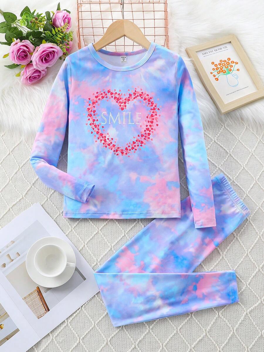 Cô gái Tween Nhuộm buộc In Trái tim Áo thun và Leggings Vừa Khít Bộ PJ - Nhiều màu - Xem 1