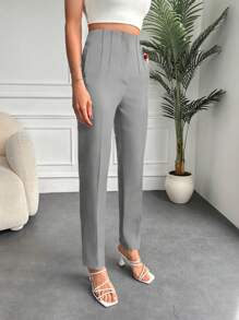 EURMUSE Solid Color High Waist Suit Pants - Light Grey - View 3