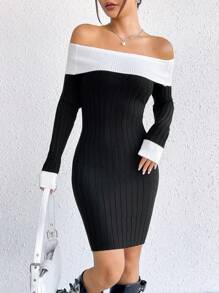 SHEIN EZwear Abito maglione aderente con spalle scoperte e costine con motivo a blocchi di colore - Bianco e nero - Visualizzare 1