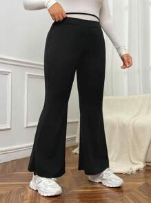 SHEIN EZwear 流蘇細節黑色針織長褲 - 黑色 - 查看 3