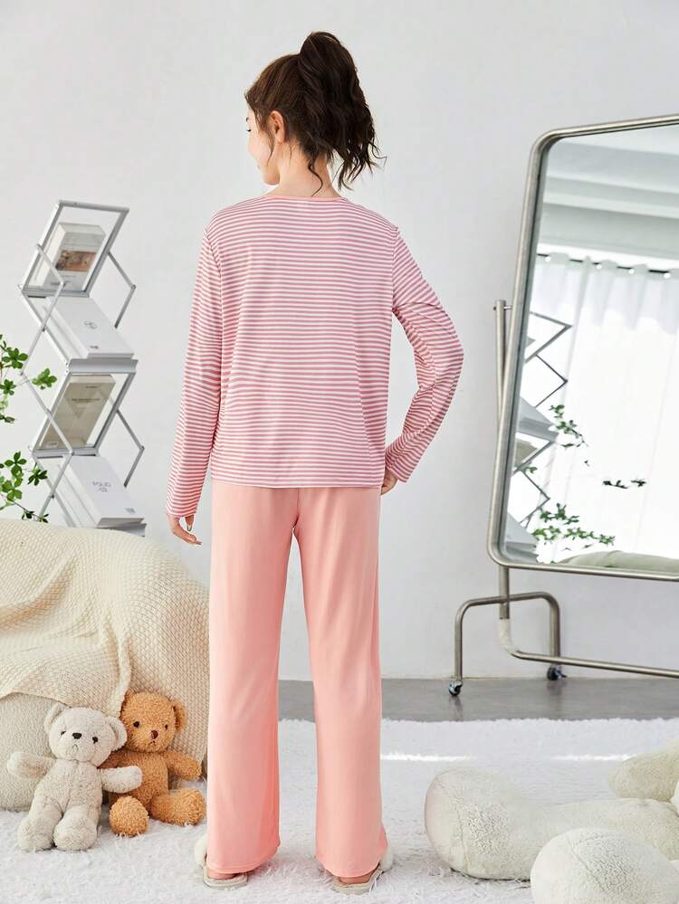 Teen Girls' Striped Knit T-shirt And Solid Color Long Pants Homewear