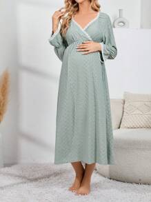 SHEIN 孕婦蕾絲拼接荷葉袖交叉領睡裙 - 綠色 - 查看 4