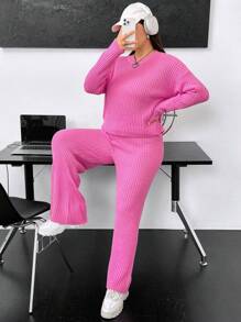 Flirla Plus Drop Shoulder Sweater & Knit Pants - Hot Pink - View 6