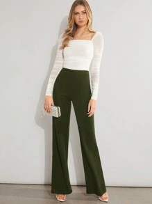 Firerie Solid High Waist Wide Leg Pants - Army Green - View 5