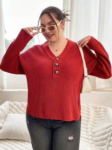 Flirla 加大码纽扣前开襟落肩针织套头衫秋冬毛衣 - 紅色 - 查看 6